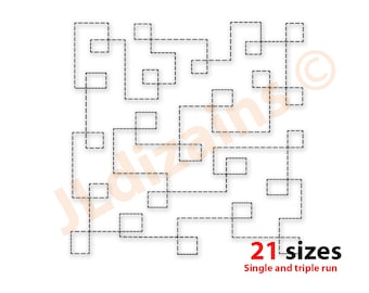 May include: A black and white line drawing of a maze with 21 different sizes. The text "21 sizes" and "Single and triple run" is below the maze.