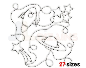 Space quilting embroidery design. Space quilt block embroidery. Space quilt block design. Rocket quilt block machine embroidery design.