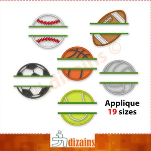Split Ball Applique Embroidery Design Bundle. Baseball, Basketball, Tennis, Volleyball, Football and Soccer Balls. Machine embroidery.
