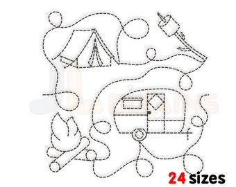 Camping quilt block machine embroidery design. Camping quilt block embroidery. E2E camp quilt block machine embroidery design.