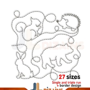 Woodland animals quilting embroidery design. Forest animals quilt block design. Bear quilting. Squirrel quilting. Edge to edge design.