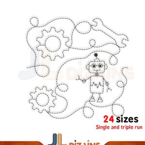 Robot quilt block machine embroidery design. Robot quilt block embroidery. Gears, robot, wrench quilt block machine embroidery design. E2E