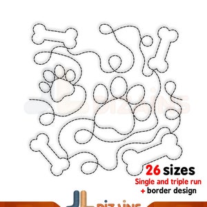 犬のキルティング刺繍デザイン。足跡のキルティングミシン刺繍デザイン。キルトブロック。骨のキルト刺繍。ミシン刺繍デザイン。