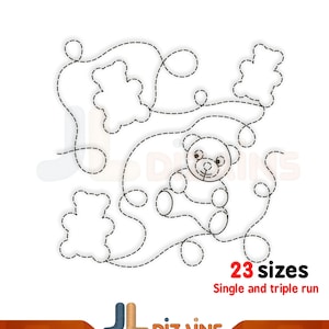 May include: A black and white line drawing of a teddy bear surrounded by clouds. The image includes the text "23 sizes" and "Single and triple run".
