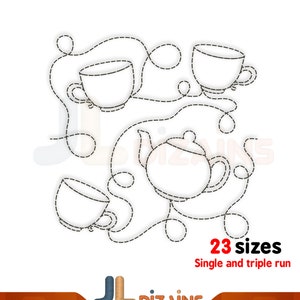 Tea quilt block machine embroidery design. Teapot quilt block embroidery. Teacup quilting embroidery design. Machine embroidery design. E2E