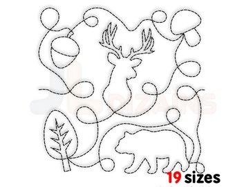 Forest quilt block machine embroidery design. Bear quilt block embroidery. Deer quilt block embroidery. Machine embroidery design. E2E