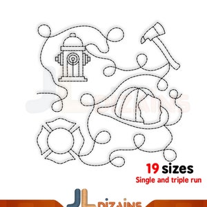 May include: Black and white line art design of a fire hydrant, fire hat, axe, and a fire department symbol. The design is outlined with dashed lines. The text "19 sizes" and "Single and triple run" is below the design.