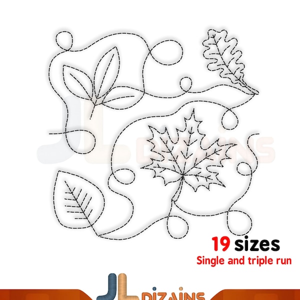 Fall Leaves quilt block machine embroidery design. Leaves quilting block embroidery. Continuous quilting machine embroidery design.