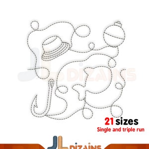 Fishing quilt block machine embroidery design. Fishing quilt block embroidery. Fishing quilting embroidery. Machine embroidery design. E2E