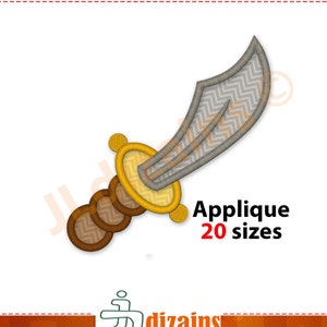 May include: A gray and gold embroidered applique of a sword with a curved blade and a handle with three rings. The applique is available in 20 sizes. Applique 20 sizes.