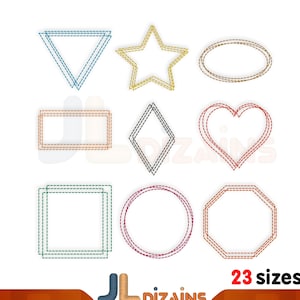 Shapes machine embroidery designs set. Circle embroidery, heart embroidery, oval embroidery, rectangle embroidery design.