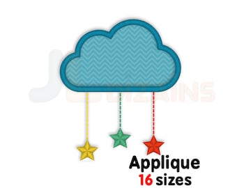 Diseño de bordado de nube con estrellas colgantes. Diseño de apliques. Diseño de bordado de apliques de nube con estrellas. 