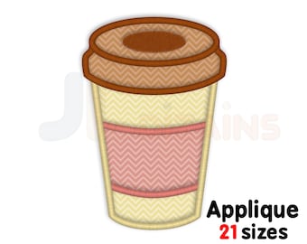 Coffee cup applique embroidery design. Coffe mug embroidery. Take away coffee embroidery applique design. Coffee machine embroidery design.