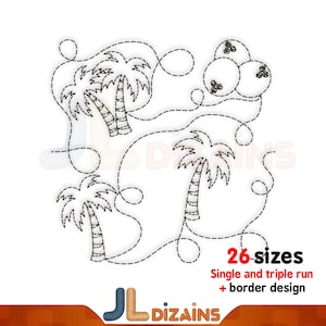 Stickerei-Design mit Palmen-Steppung. Quiltblock-Stickerei mit Palmen. Palme-Quilt-Maschinenstickerei-Design.