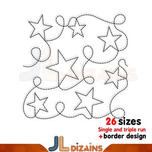 Star Quilting Embroidery Design. E2E quilt block design with stars. Machine embroidery design. Border design also included. 26 sizes