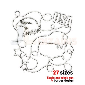 Design de bordado patriótico para quilting dos EUA. Design de bordado americano de ponta a ponta. Design de bordado à máquina para quilting de 4 de julho com 26 tamanhos. E2E