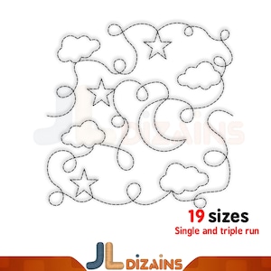 Night quilt block machine embroidery design. Moon quilt block. Stars quilt block embroidery. Continuous quilting machine embroidery design.