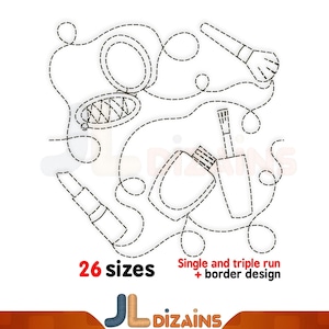 Puede incluir: Un diseño de bordado de línea discontinua negra que presenta una brocha de maquillaje, un espejo compacto, un lápiz labial y un esmalte de uñas. El texto dice 26 sizes, Single and triple run + border design, y JL DIZAINS en azul y beige.