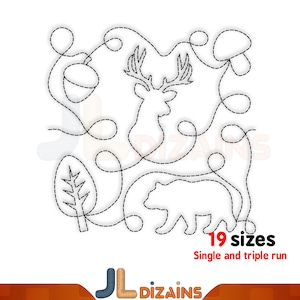 Deer and Bear Edge to Edge Quilting Design: Forest Continuous Line Pattern for Embroidery & Longarm, Quilt Block E2E
