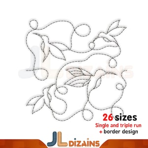 May include: A black dashed line embroidery pattern featuring hummingbirds and floral elements. The text reads 26 sizes, Single and triple run + border design, and JL DIZAINS. The design consists of looping paths and stylised bird shapes.