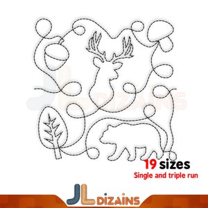 Deer and Bear Edge to Edge Quilting Design: Forest Continuous Line Pattern for Embroidery & Longarm, Quilt Block E2E