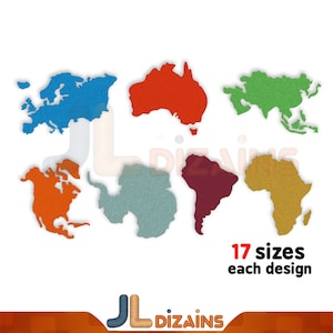Continents machine embroidery design set. Africa, Asia, America, Antarctica, Australia, Europe embroidery. Machine embroidery designs.