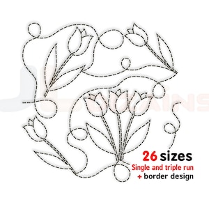 Diseño de bordado de tulipanes para patchwork. Diseño de bordado a máquina para bloque de patchwork con flores de tulipán. Diseños de una y tres vueltas. También incluye diseño de borde.