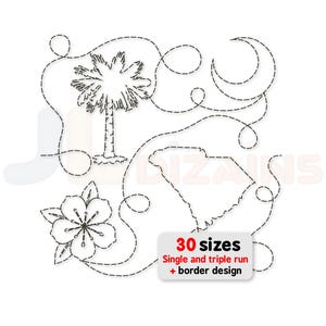 May include: Black and white line art design featuring a palm tree, flower, and the outline of South Carolina. The design includes the text "30 sizes" and "Single and triple run + border design".