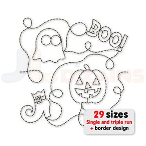 Halloween quilt block machine embroidery design. Halloween quilting embroidery. Edge to edge design featuring ghost, pumpkin, BOO.