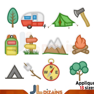 Camping Embroidery Applique Designs. Camper applique. Campfire applique. Mountain applique. Tent applique. Machine embroidery designs.
