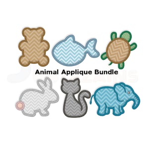 Animal Applique Embroidery Bundle - Bear, Bunny, Elephant, Cat, Fish and Turtle. Machine Embroidery Designs for Baby, Kids & Nursery.