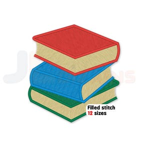 May include: A stack of three embroidered books in red, blue, and green. The book covers are in vibrant colors, with tan-colored pages. The image includes the text "Filled stitch 12 sizes".