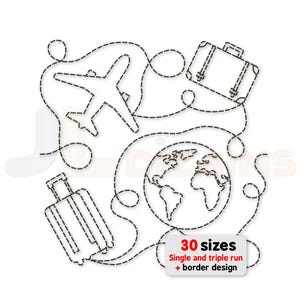 May include: Black and white line art design featuring a plane, two suitcases, and a globe, connected by dashed lines. The text "30 sizes" and "Single and triple run + border design" is also included. The design is on a white background.