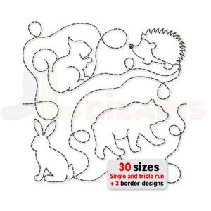 Waldtiere Quilt-Stickmuster. Quiltdesign mit Waldtieren. Quilt-Maschinenstickmuster für Bär, Eichhörnchen, Igel und Kaninchen