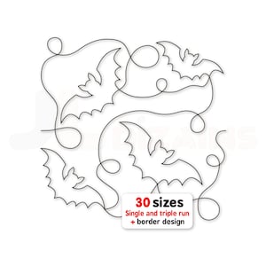 Pode incluir: Um desenho de linha preta contínua apresentando três morcegos estilizados conectados por laços. Uma etiqueta retangular branca na parte inferior contém o texto em vermelho e preto: 30 sizes, Single and triple run + border design.