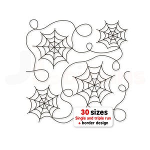 May include: A black line art digital embroidery design featuring four spider webs connected by swirling lines. A white rectangular label in the bottom right corner contains the red and black text: 30 sizes, Single and triple run + border design.