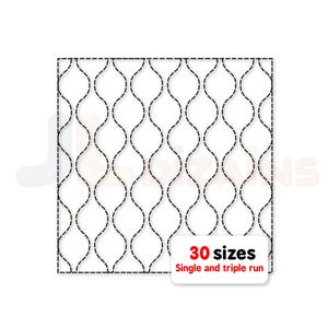 May include: A white background with a repeating black wavy pattern. The pattern is enclosed in a dashed square. A white rectangle with red text that reads "30 sizes" and the text "Single and triple run" is in the bottom right corner.