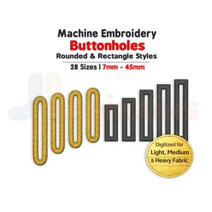 May include: Machine embroidery buttonhole designs in rounded and rectangle styles. The image shows 28 sizes ranging from 7mm to 45mm. The designs are digitized for light, medium, and heavy fabrics. The buttonholes are gold and dark gray.