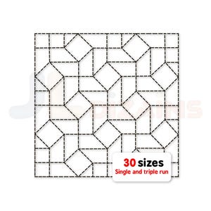 May include: A white square with a black geometric pattern of interconnected shapes. The design is made of dashed lines. A white rectangle at the bottom right corner reads "30 sizes" and "Single and triple run" in red and black text.