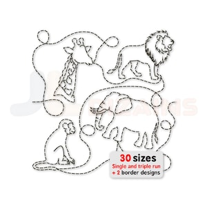 Pode incluir: Desenho a traço preto e branco de uma girafa, leão, elefante e macaco. Os animais são ligados por linhas tracejadas. O texto na imagem diz "30 tamanhos, Single and triple run + 2 border designs."