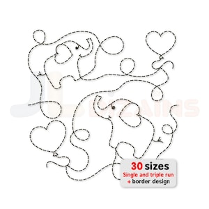 Wzór pikowania „Słoń Heart Edge to Edge”: wzór do haftu liniowego ciągłego dla niemowląt, do haftu na długim ramieniu, blok patchworkowy E2E.