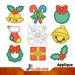 Christmas embroidery designs. Holly applique, bells applique, Christmas ball applique, wreath applique, candy canes applique.