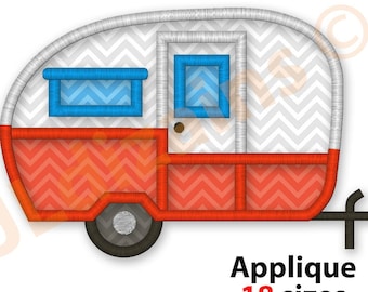 Camper Applique Embroidery Design. Camper trailer embroidery design. Camping trailer applique design. Camper machine embroidery design.