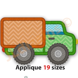 May include: Green and orange applique truck with a chevron pattern on the back. Applique 19 sizes.