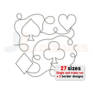 Karte passt zum Quilten von Stickmustern. Card Suits Quilt-Block-Stickerei. Pik-, Keulen-, Herz-, Diamant-Quilt-Maschinenstickdesign
