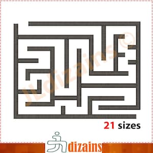 May include: A black and white maze with a simple design. The maze is in a square shape and has 21 sizes.