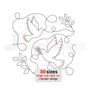 Könnte beinhalten: Eine Schwarz-Weiß-Strichzeichnung von zwei fliegenden Tauben mit Olivenzweigen und einem Schleifendesign. Das Bild enthält den Text "30 Größen" und "Single and triple run + border design".