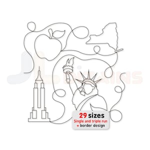 May include: A black and white continuous line drawing featuring the Statue of Liberty, a skyscraper, an apple, and the outline of New York State. A rectangular label includes the text 29 sizes, Single and triple run, and border design.