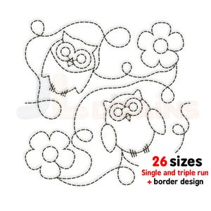 Pode incluir: Desenho de arte de linha preto e branco de duas corujas e uma flor. O desenho é feito de linhas tracejadas e inclui o texto "26 tamanhos", "Execução simples e tripla" e "Design de borda".