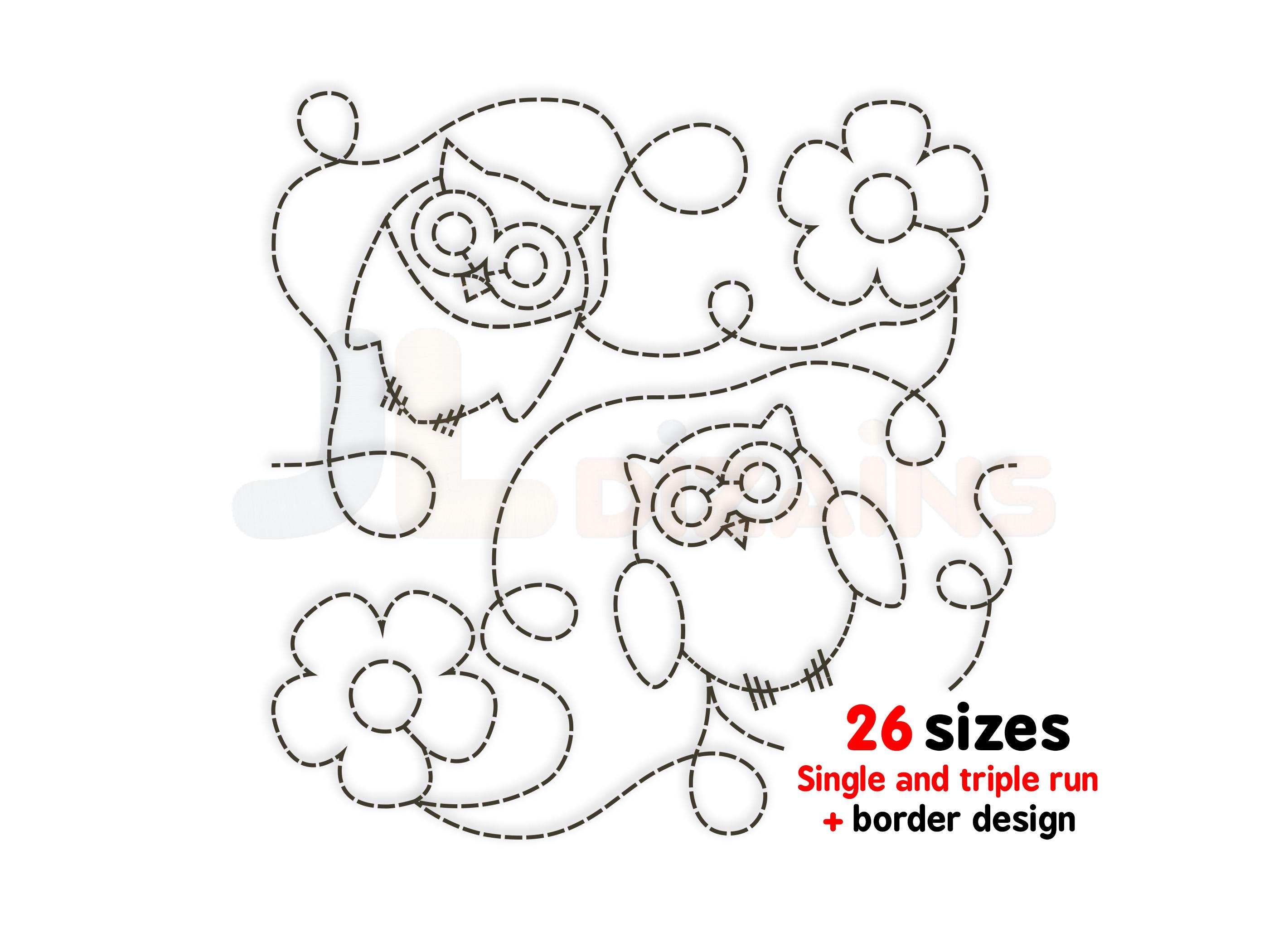 Owls and flowers Quilting Embroidery – Edge to edge Owl Quilt Block Design – Machine Emb
